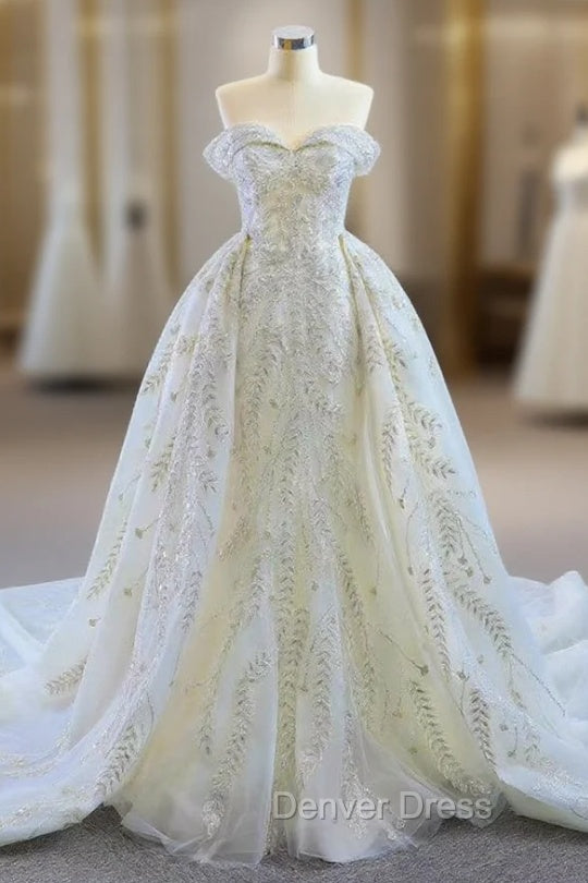 Discover The Latest White Mermaid Tulle Sequins Off the Shoulder Prom Dresses With Removable Train