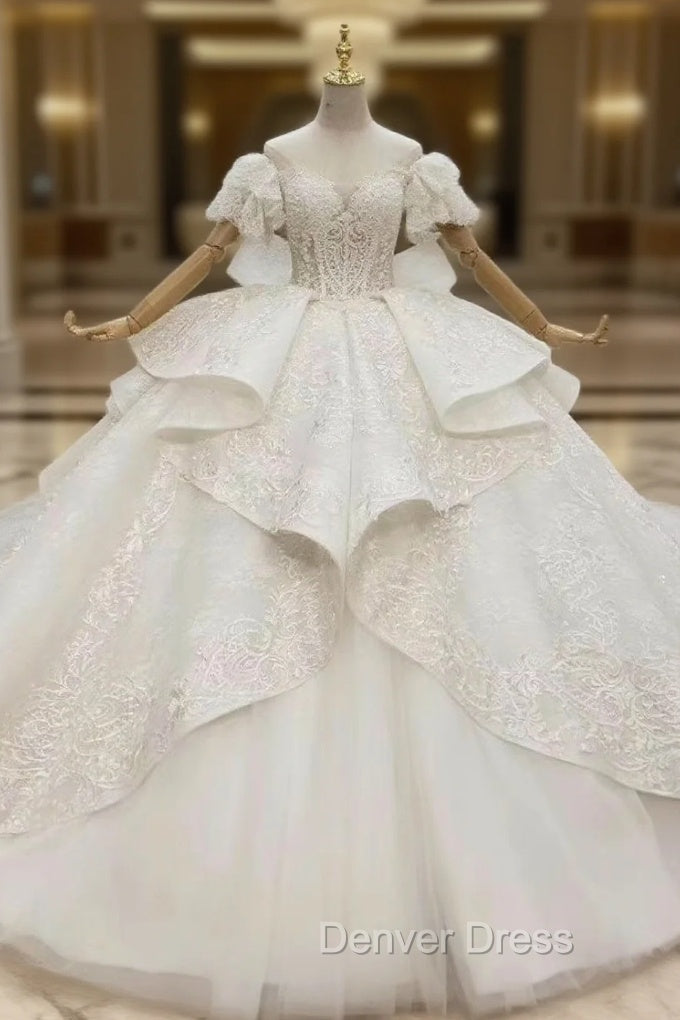 Discover The Latest White Tulle Lace Off the Shoulder Beading Ruffles Pleats Wedding Dresses