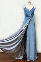 Double Strap Dusty Blue Velvet Long Bridesmaid Dresses