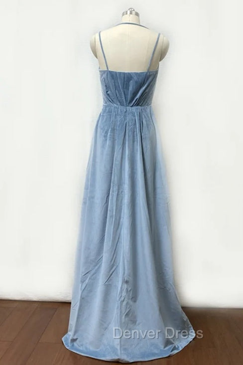 Double Strap Dusty Blue Velvet Long Bridesmaid Dresses
