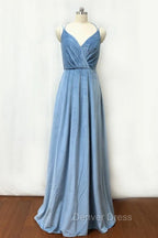Double Strap Dusty Blue Velvet Long Bridesmaid Dresses