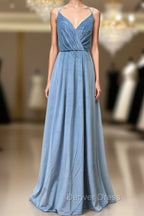 Double Strap Dusty Blue Velvet Long Bridesmaid Dresses