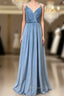 Double Strap Dusty Blue Velvet Long Bridesmaid Dresses