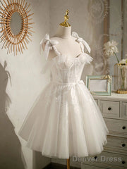 Double Straps Short Ivory Lace Prom Dresses, Short Ivory Lace Formal Graduation Dresses