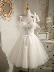 Double Straps Short Ivory Lace Prom Dresses, Short Ivory Lace Formal Graduation Dresses