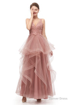 Double V Neck Beaded Applique Layered Tulle Prom Dresses