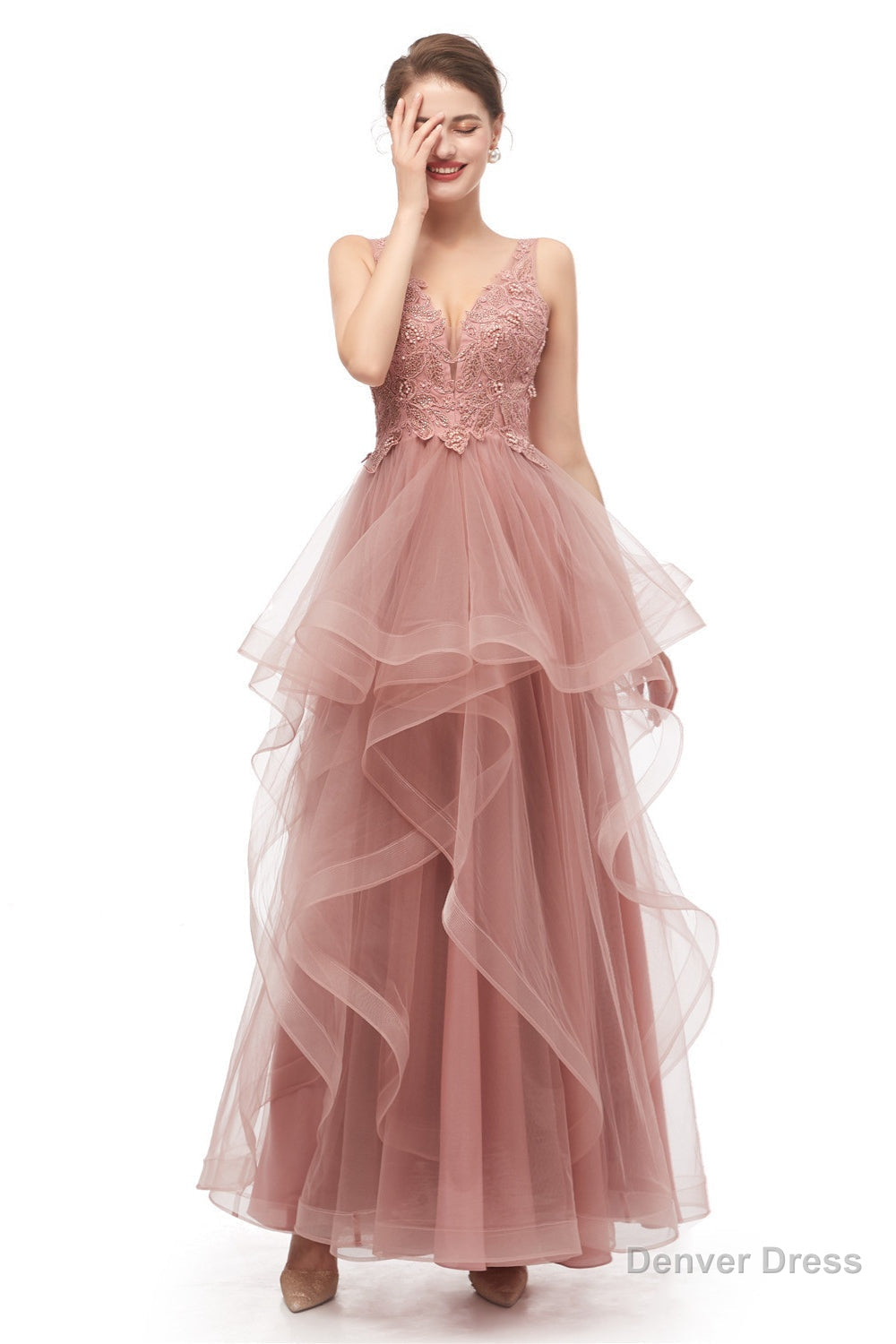 Double V Neck Beaded Applique Layered Tulle Prom Dresses