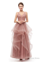 Double V Neck Beaded Applique Layered Tulle Prom Dresses
