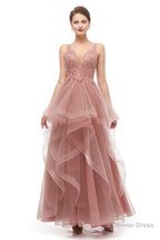 Double V Neck Beaded Applique Layered Tulle Prom Dresses