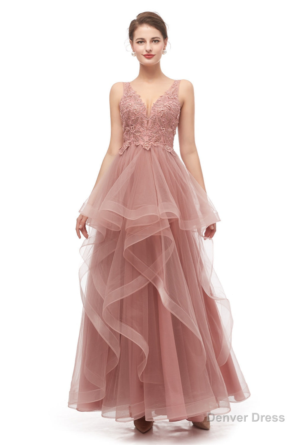 Double V Neck Beaded Applique Layered Tulle Prom Dresses