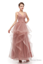 Double V Neck Beaded Applique Layered Tulle Prom Dresses