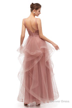 Double V Neck Beaded Applique Layered Tulle Prom Dresses