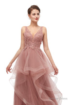 Double V Neck Beaded Applique Layered Tulle Prom Dresses