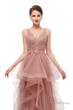 Double V Neck Beaded Applique Layered Tulle Prom Dresses