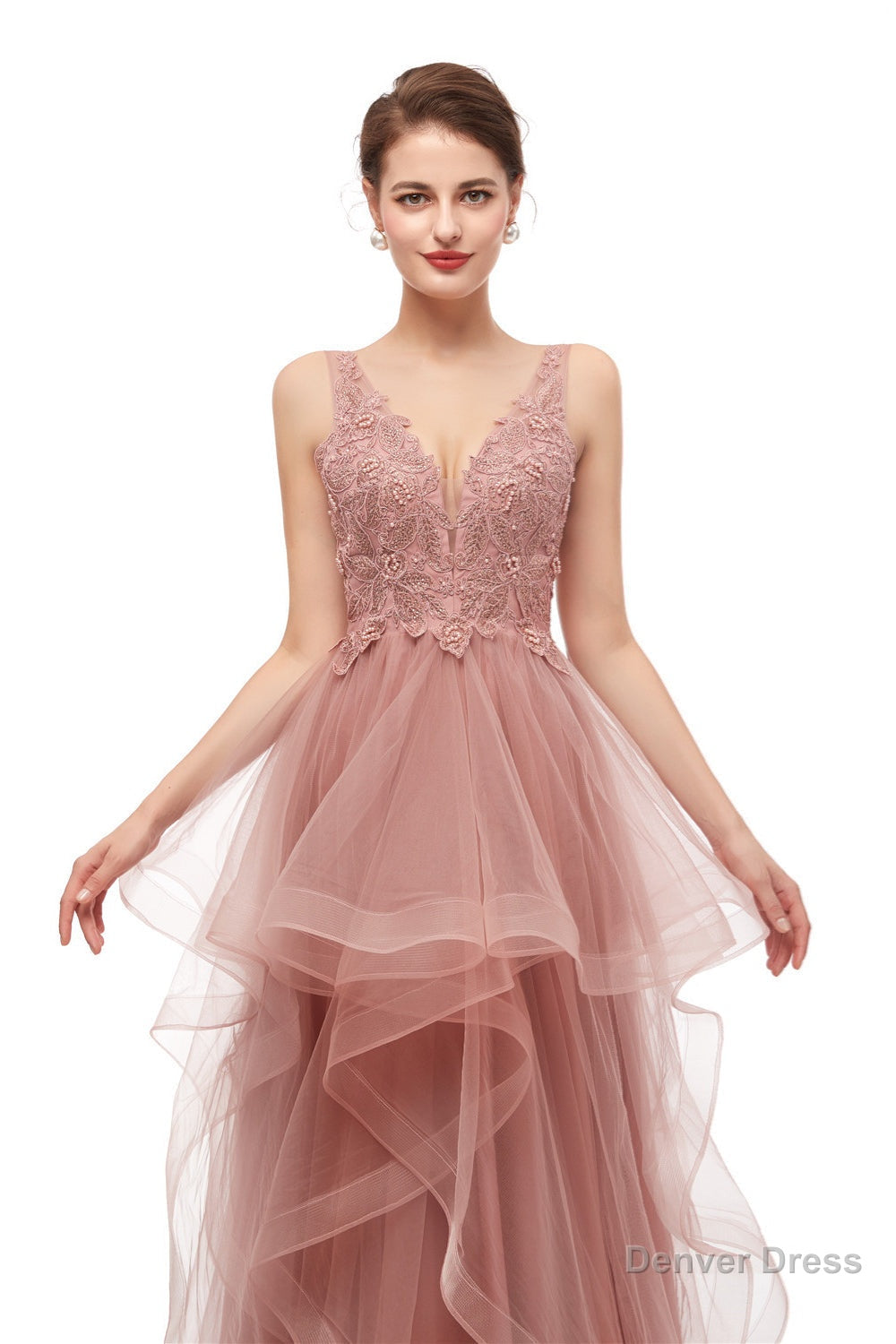 Double V Neck Beaded Applique Layered Tulle Prom Dresses