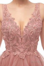 Double V Neck Beaded Applique Layered Tulle Prom Dresses