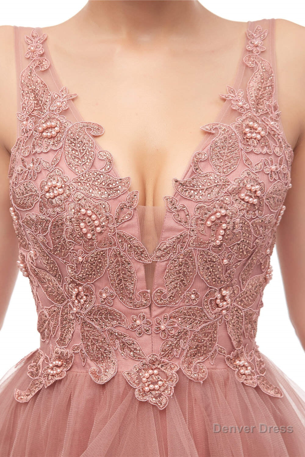 Double V Neck Beaded Applique Layered Tulle Prom Dresses