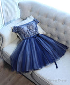 Blue Lace Off Shoulder Short Prom Dress, Blue Prom Dresses
