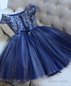 Blue Lace Off Shoulder Short Prom Dress, Blue Prom Dresses