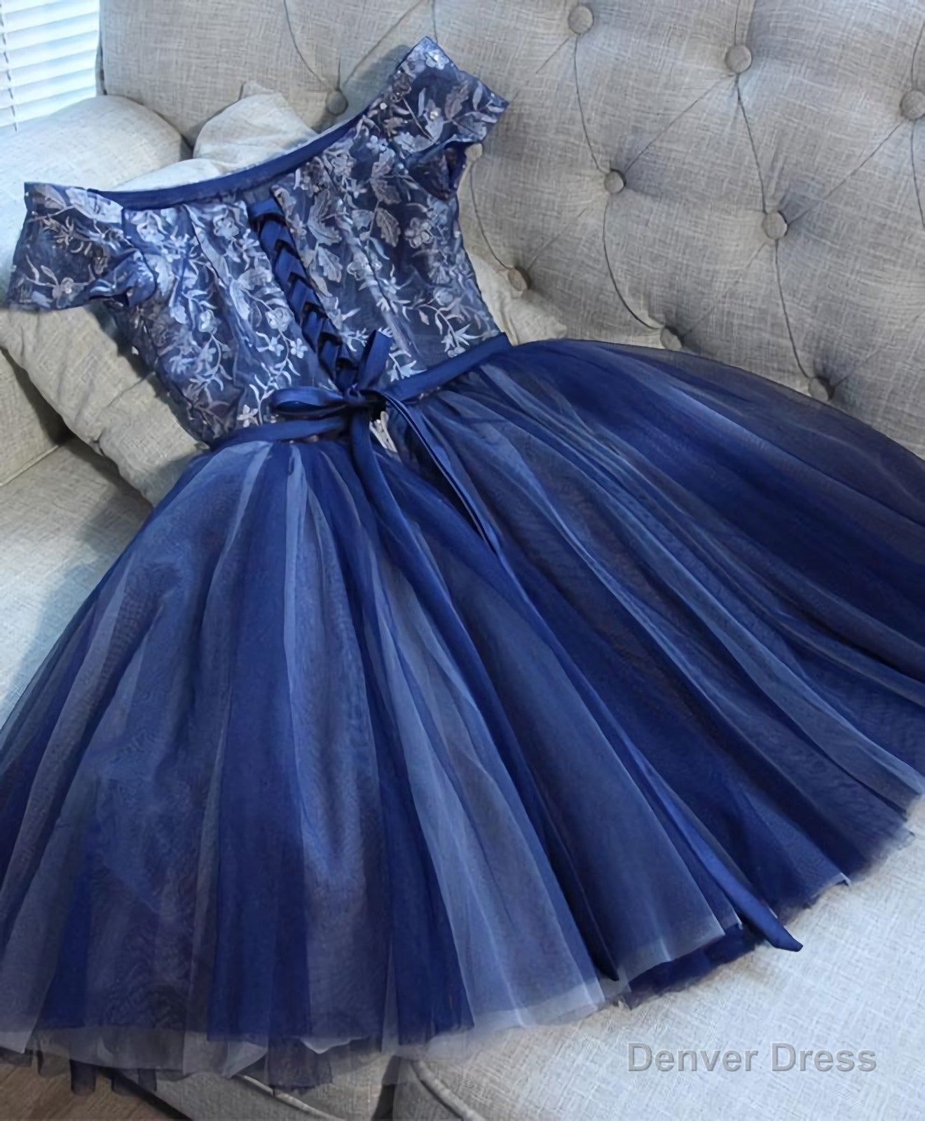 Blue Lace Off Shoulder Short Prom Dress, Blue Prom Dresses