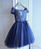 Blue Lace Off Shoulder Short Prom Dress, Blue Prom Dresses