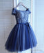 Blue Lace Off Shoulder Short Prom Dress, Blue Prom Dresses