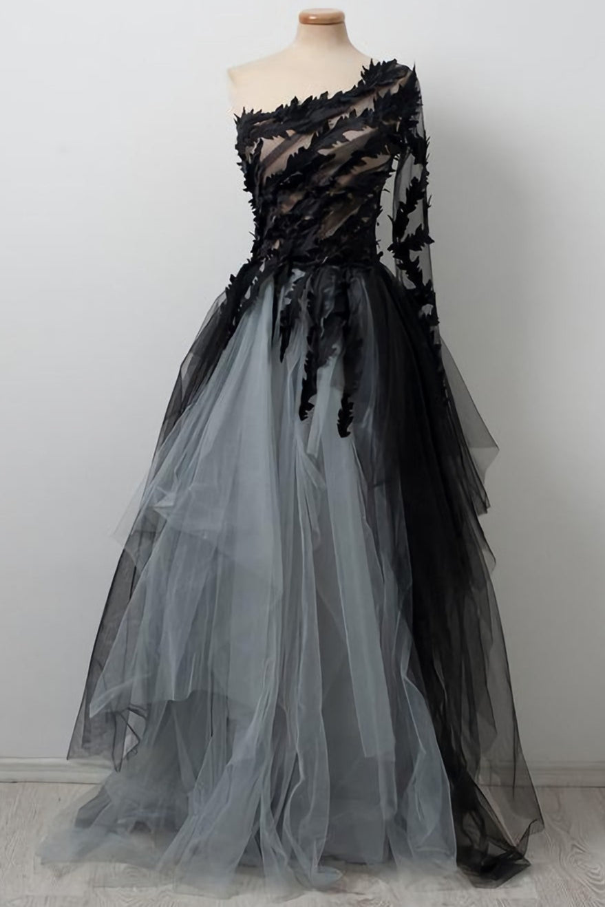 Black Ball Gown Wedding Dresses, Tulle One Shoulder