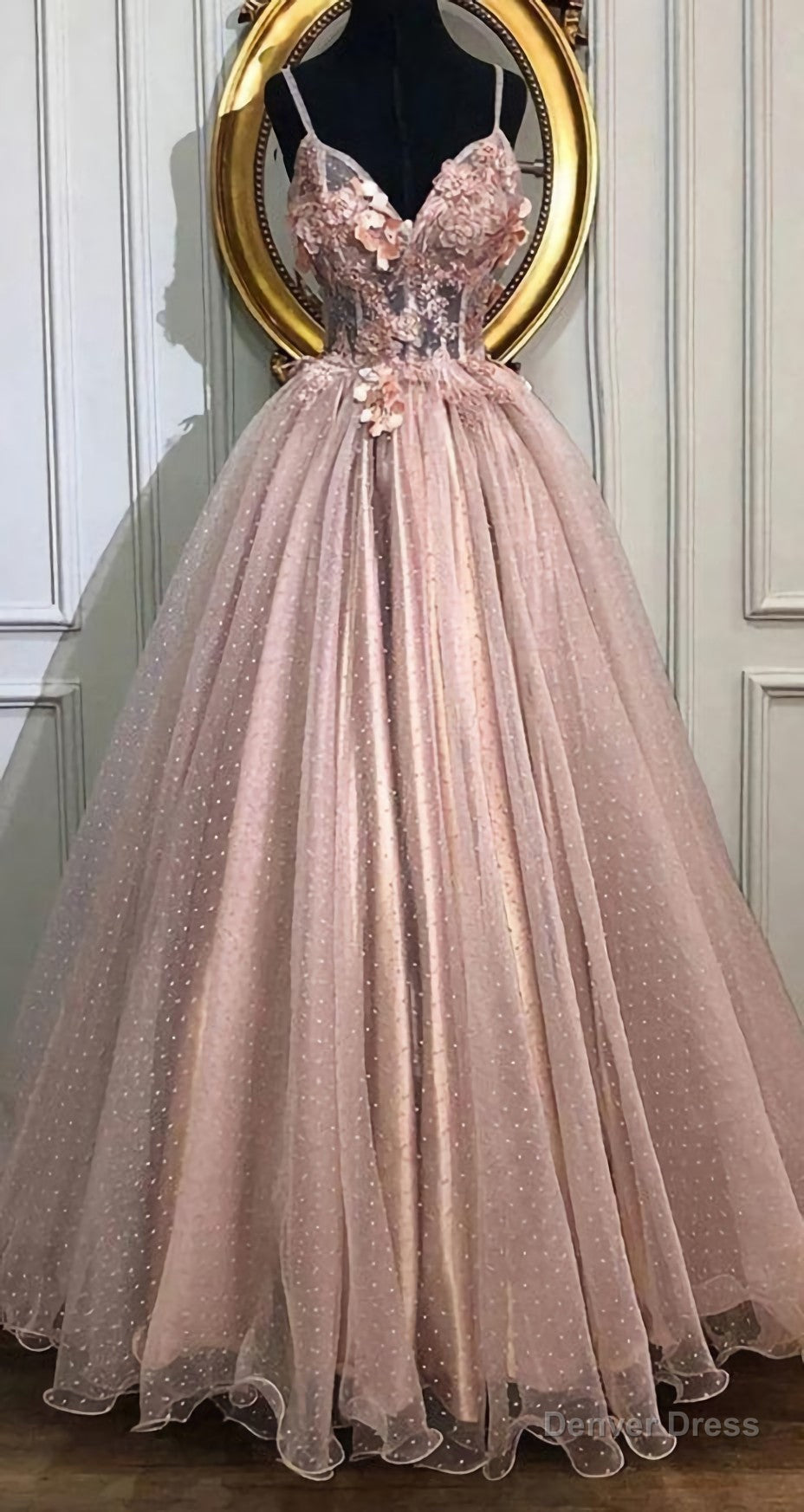 A Line V Neck Tulle Long Prom Dresses, Pearl Pink Appliques Formal Evening Dress Main image