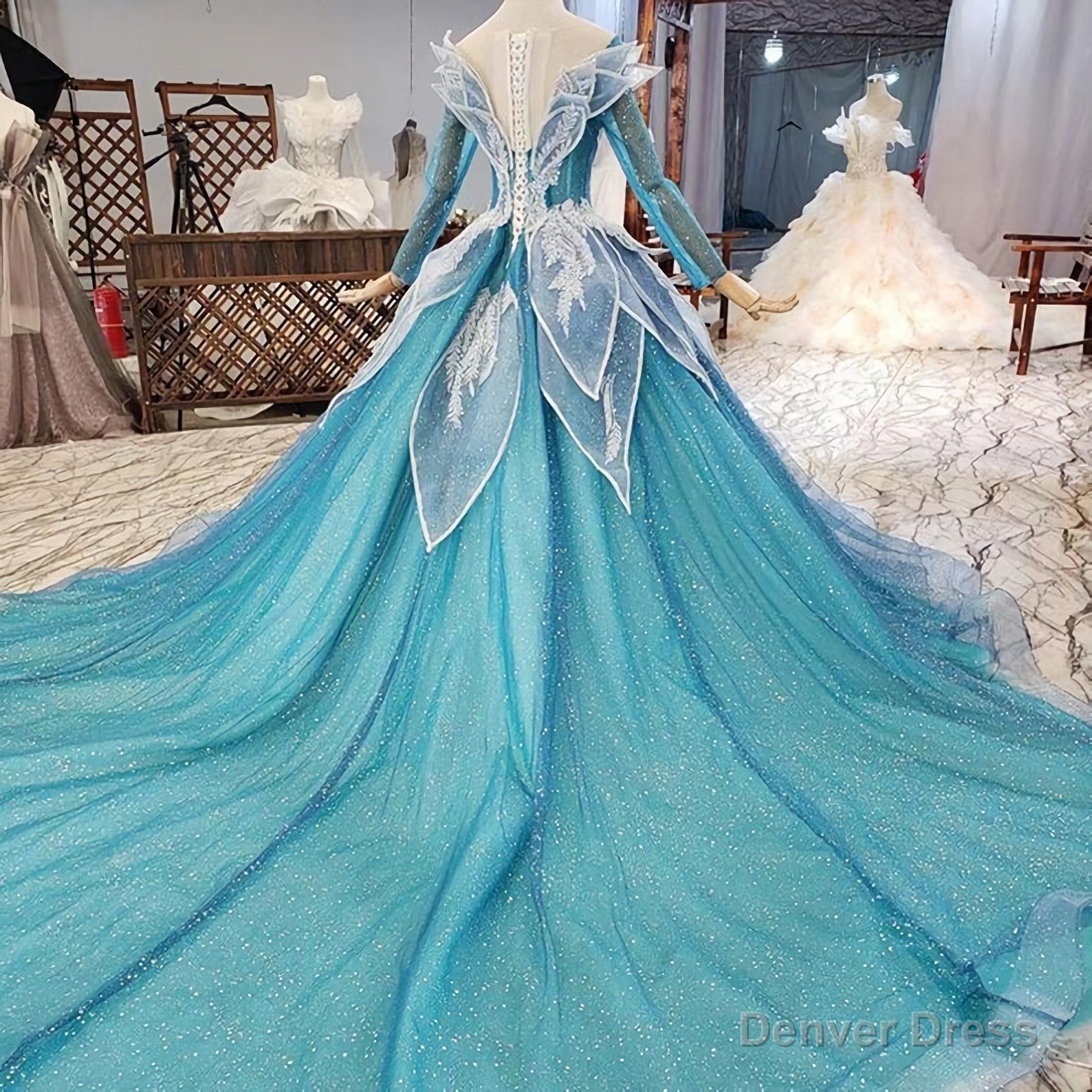 Blue Princess Sparkle Frost Fairy Queen Costume Wedding Dresses, Bridal Ball Gowns Long Sleeve Long Train Cosplay Off The Shoulder Secondary image