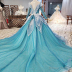 Blue Princess Sparkle Frost Fairy Queen Costume Wedding Dresses, Bridal Ball Gowns Long Sleeve Long Train Cosplay Off The Shoulder