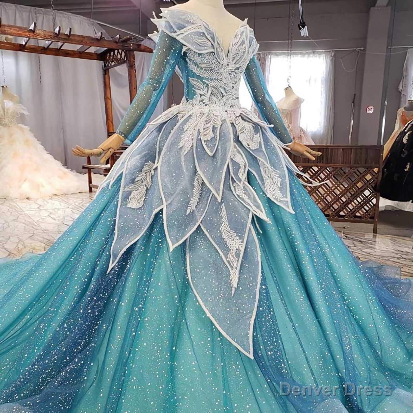 Blue Princess Sparkle Frost Fairy Queen Costume Wedding Dress, Bridal Ball Gown Long Sleeve Long Train Cosplay Off The Shoulder Main image