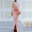 Blush Pink Aso Ebi Prom Dress, Long Sleeves Peplum Beads Appliques Pearls Side Split Mermaid Prom Dresses, African