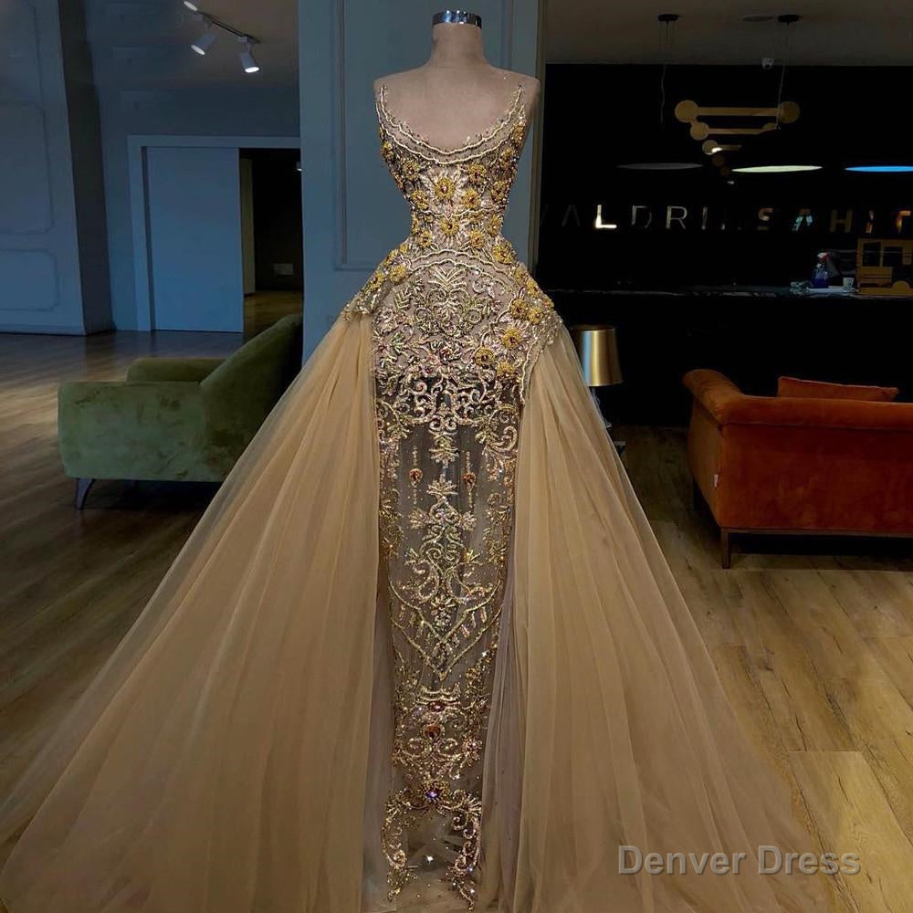 Gold Detachable Sequins Prom Dress, Sheath Fashion Lace Evening Dresses, 2025 Party Dresses, Custom Make Formal Dress Main image