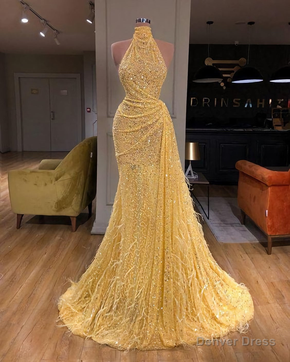 Yellow Evening Dresses, Long High Neck Sparkly Feather Luxury Bling Evening Gown Formal Dress, Long Prom Dress Main image