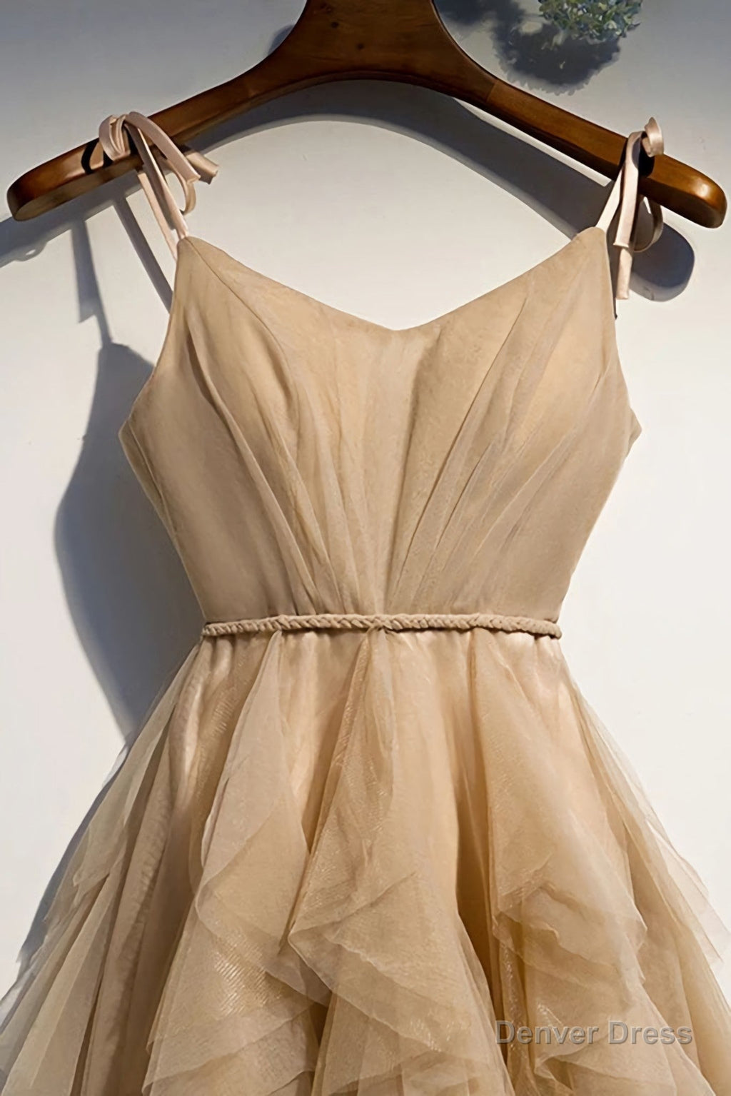 A Line Champage Spaghetti Straps Ruffles Tulle Prom Dresses, Lace Up Prom Gown