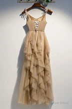 A Line Champage Spaghetti Straps Ruffles Tulle Prom Dresses, Lace Up Prom Gown
