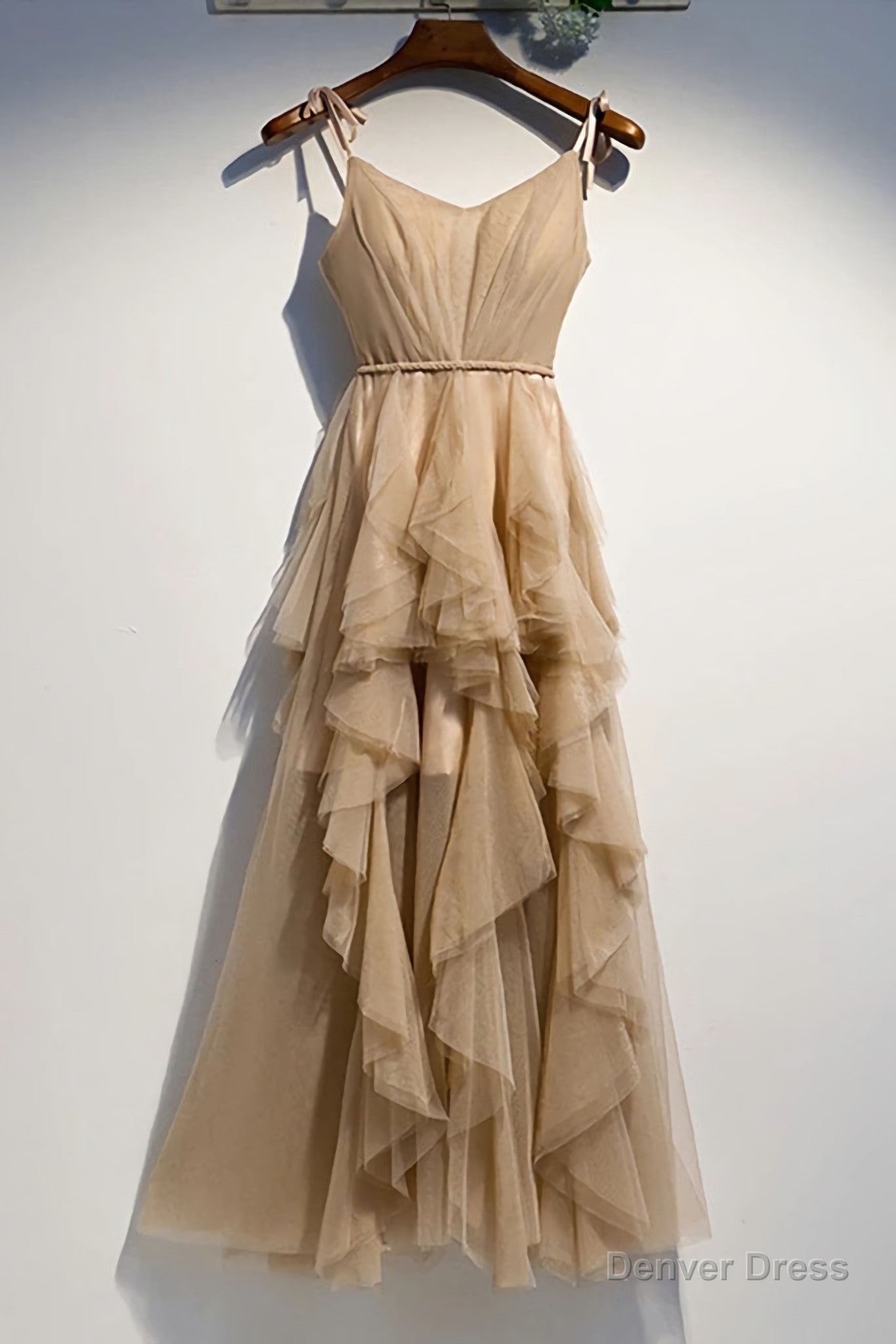 A Line Champage Spaghetti Straps Ruffles Tulle Prom Dresses, Lace Up Prom Gown