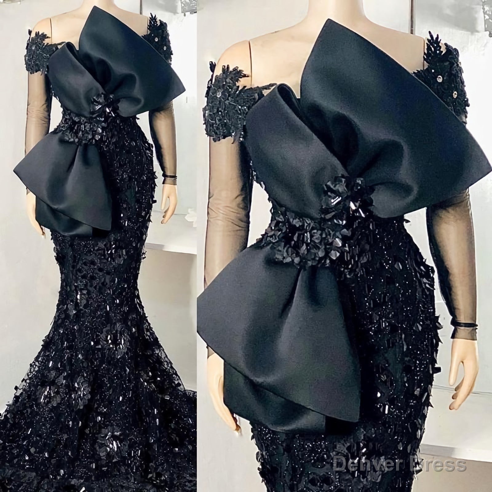 Elegant African Black Mermaid Evening Dresses, Full Sleeves Lace Appliqued Beaded Arabic Aso Prom Gowns With Bow Robe De Soiree Main image