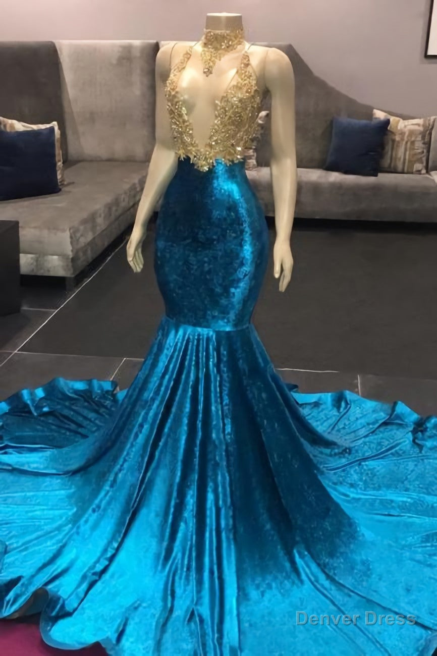 V Neck Appliques Spaghetti Straps Velvet Royal Blue Mermaid Prom Dresses Main image