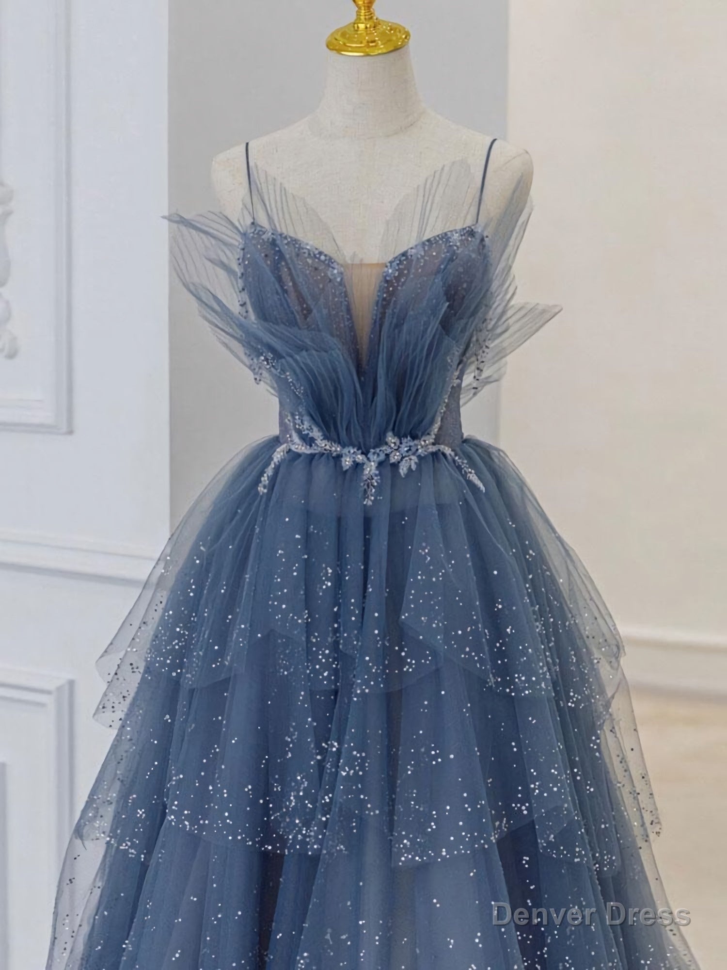 Blue Sweetheart Tulle Sequin Long Prom Dress, Blue Evening Dress