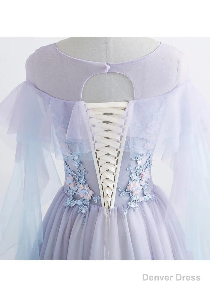 Princess Tulle Jewel Floor Length Prom Dresses With Lace Appliques Secondary image