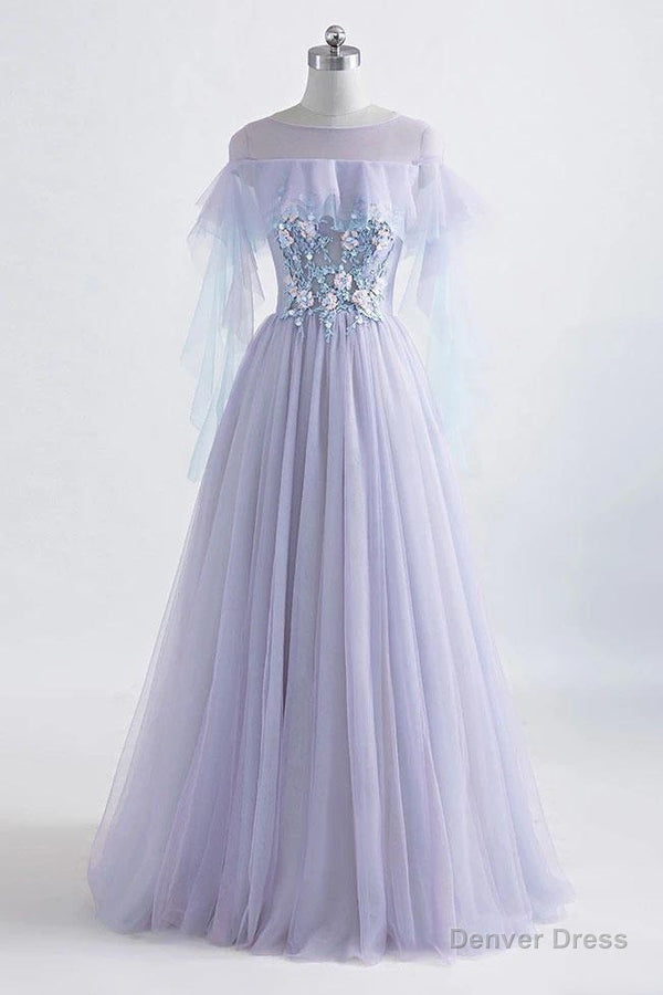 Princess Tulle Jewel Floor Length Prom Dresses With Lace Appliques Main image