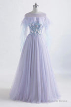 Princess Tulle Jewel Floor Length Prom Dresses With Lace Appliques