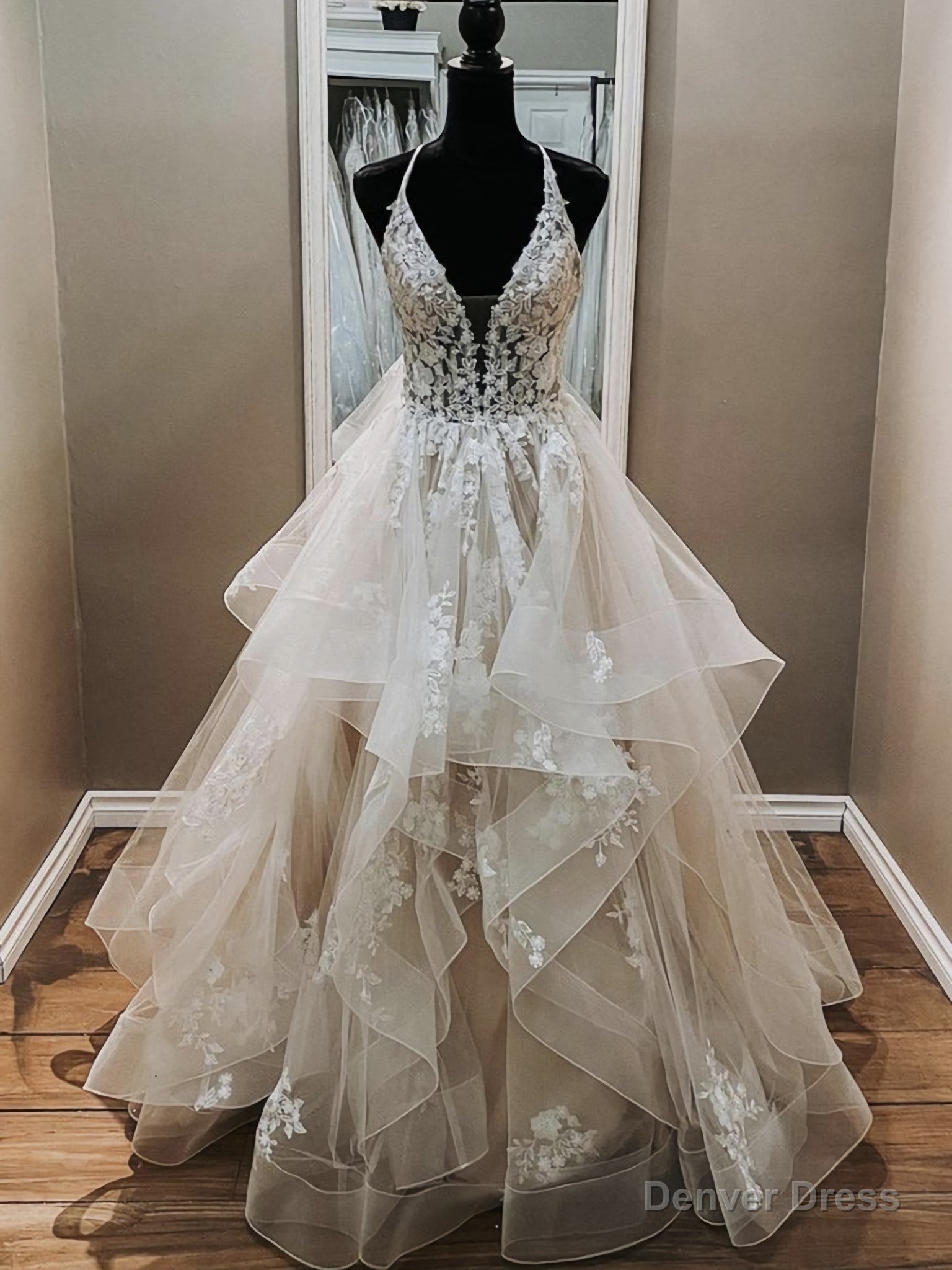 V Neck Backless Light Champagne Lace Wedding Dress, Open Back Champagne Lace Prom Dresses
