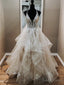 V Neck Backless Light Champagne Lace Wedding Dress, Open Back Champagne Lace Prom Dresses