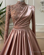 Rose Gold Silver Prom Dress, Long Sleeves Dubai Prom Dresses, Muslim Women Wedding Prom Gown 2026 Elegant Silver Grey Arabic Engagement