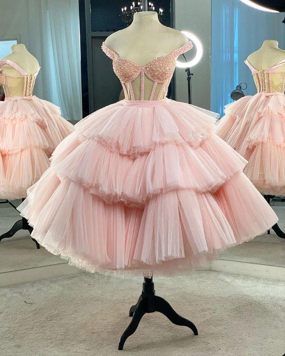 A-line Pink Tulle Short Dress Pink Tulle Homecoming Dress
