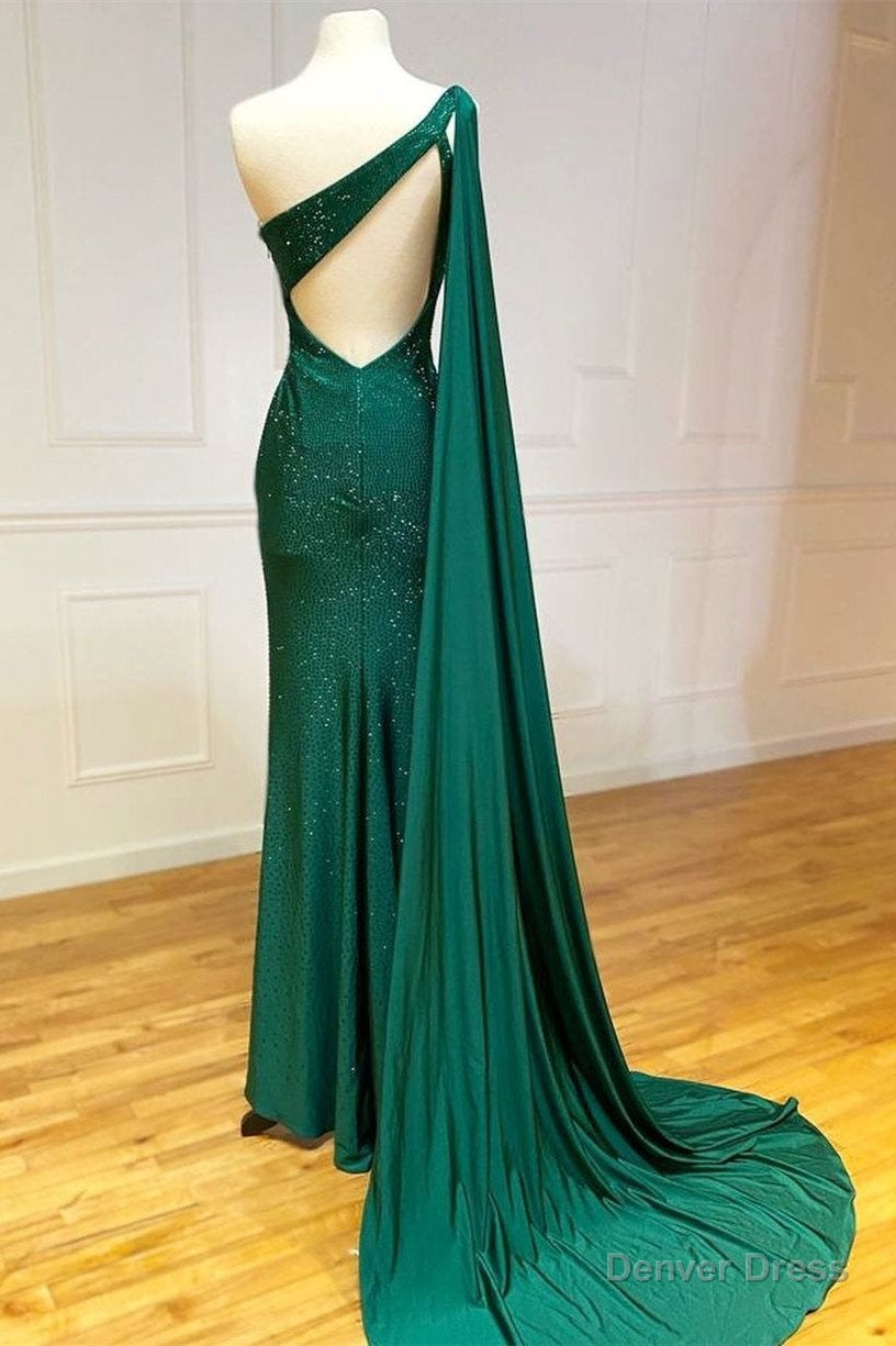 Elegant One Shoulder Emerald Green Long Prom Dress With Shawl Secondary image