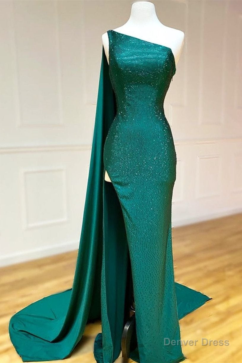 Elegant One Shoulder Emerald Green Long Prom Dress With Shawl Main image