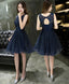 Dark Blue Lace Beading Short Prom Dress Dark Blue Prom Dresses